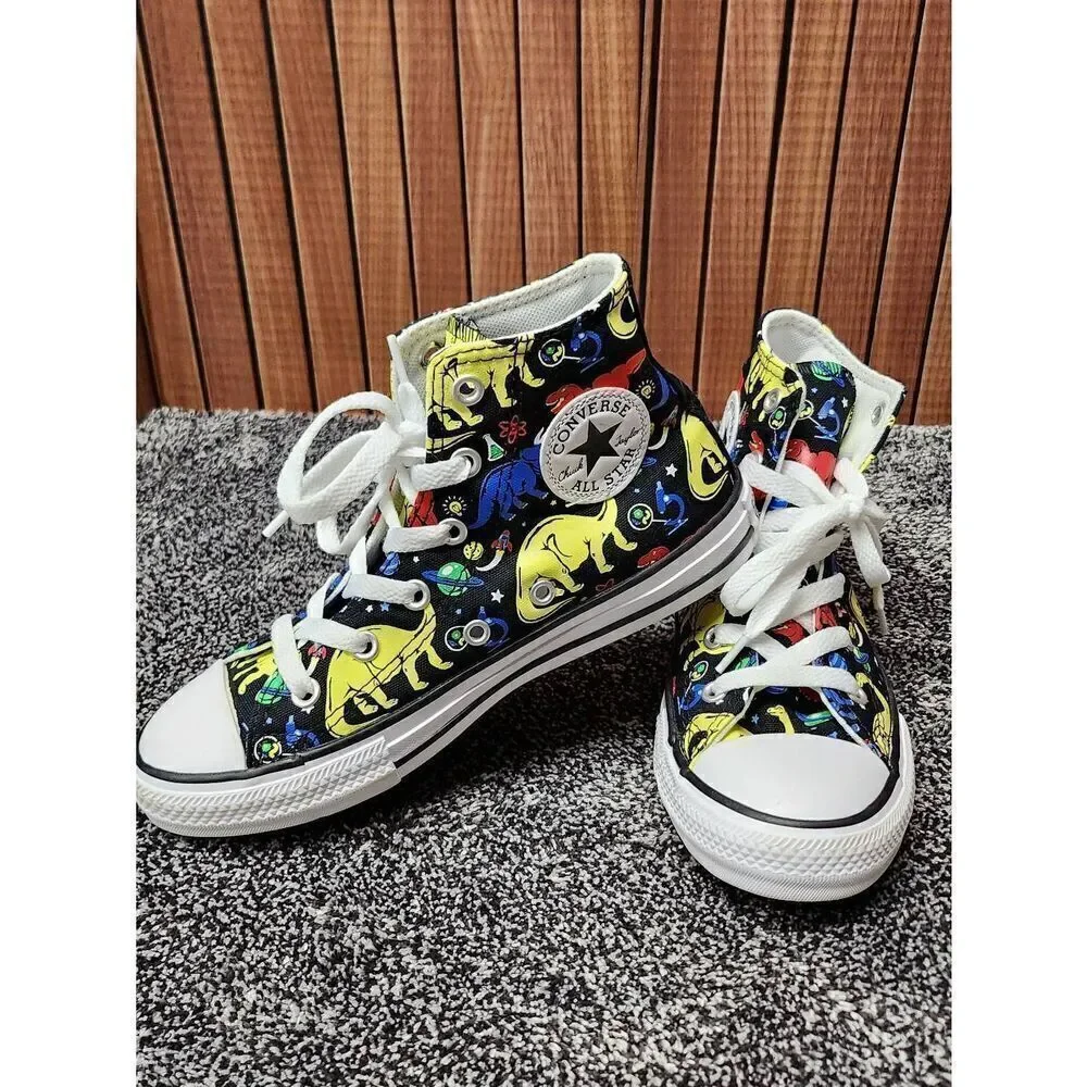Converse Hi Top Gamer Sneaker Size 1 Junior Black Dinosaurs Lace Up Shoes #A78